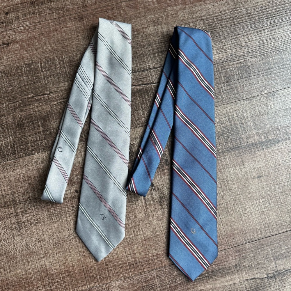 Dior Gray and Blue Silk Ties Classic Stripes - Picture 3 of 4